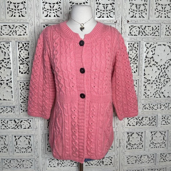 Kilronan Knitwear Merino Wool Ireland Pink Chunky Knit Babydoll Cardigan Sz XS - Picture 1 of 8